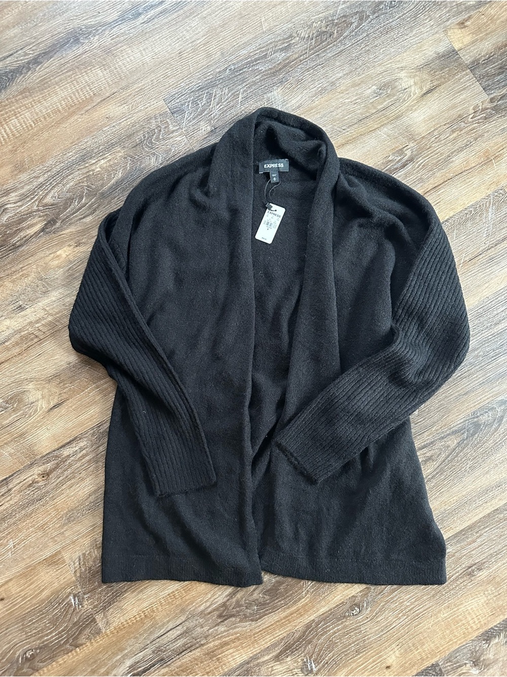 Express Black Open-Front Ribbed-Sleeve Cardigan